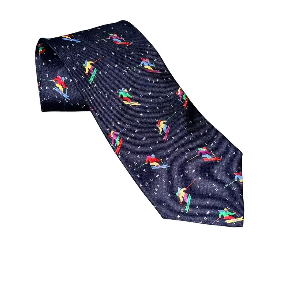 Alynn Neckwear Let it Snow Blue Neck Tie 100% Silk Skiing Theme